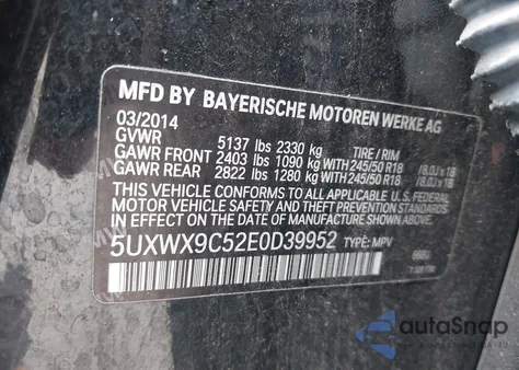 2014 BMW X3 xDrive28I from USA, damaged, VIN 5UXWX9C52E0D39952